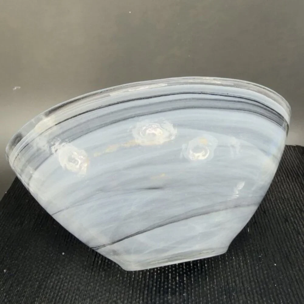 Venetian‎ Art Glass Curved Dish Bowl Recycle Glass Black Swirl Pattern Italy VTG